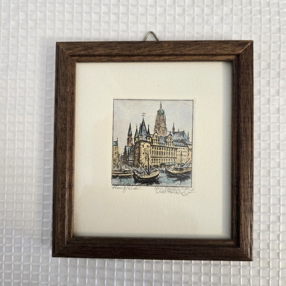 Vtg Frankfort Colored Etching Signed Miniature Picture Faux Wood Frame Matted